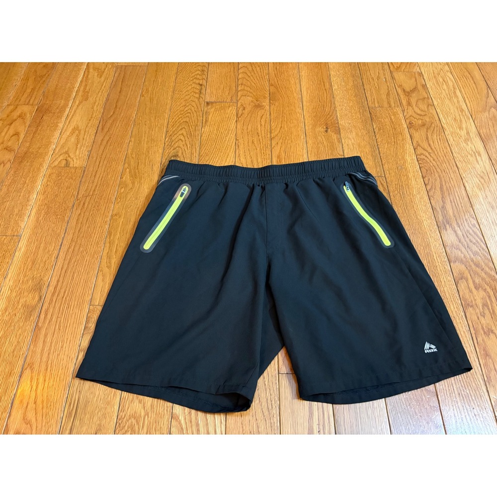 RBX Mens Athletic Shorts Black Neon Green Zipper Pockets Size L Gym Running